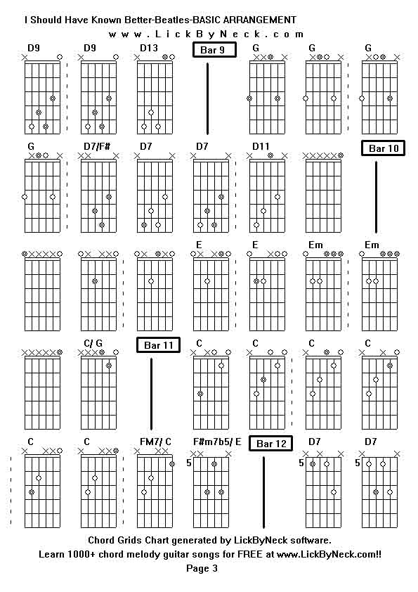 Chord Grids Chart of chord melody fingerstyle guitar song-I Should Have Known Better-Beatles-BASIC ARRANGEMENT,generated by LickByNeck software.